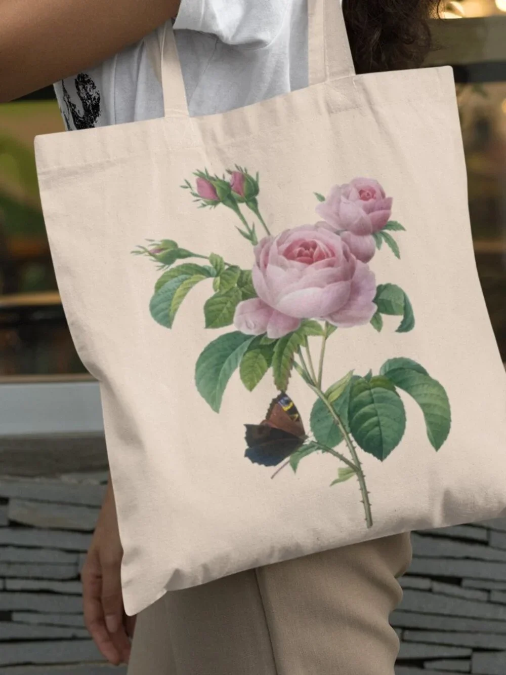 Cabbage Rose Vintage Floral Print Graphic Canvas Tote Bag